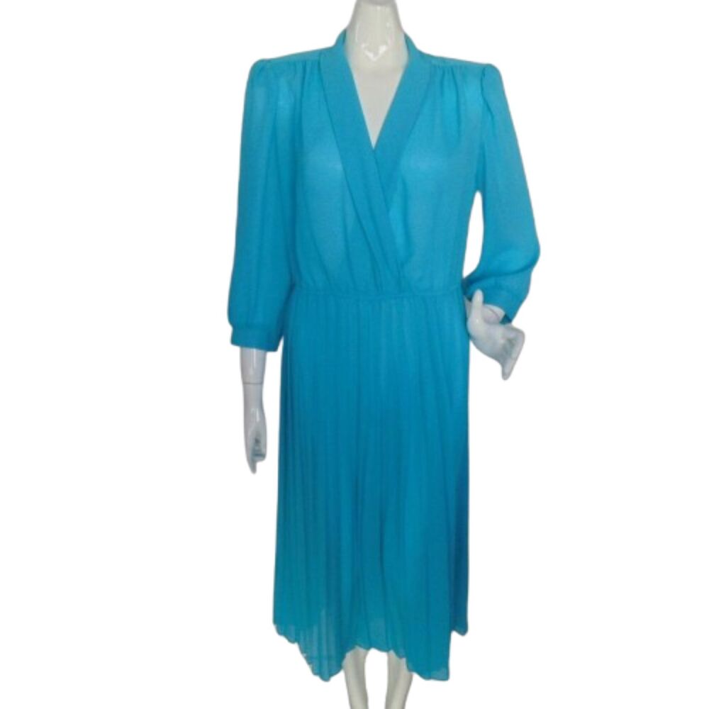 LESLIE FAY Dress, 14, Aqua Blue, Semi-sheer, Pleated Skirt, Surplice, VINTAGE